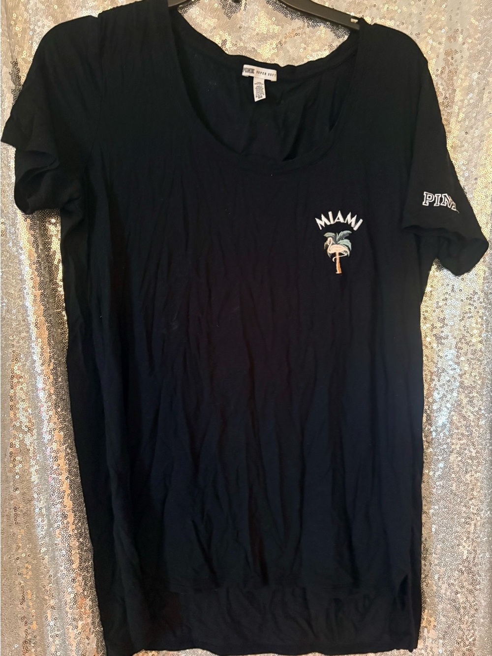 PINK Victoria's Secret Black Tee with Miami Palm Graphic